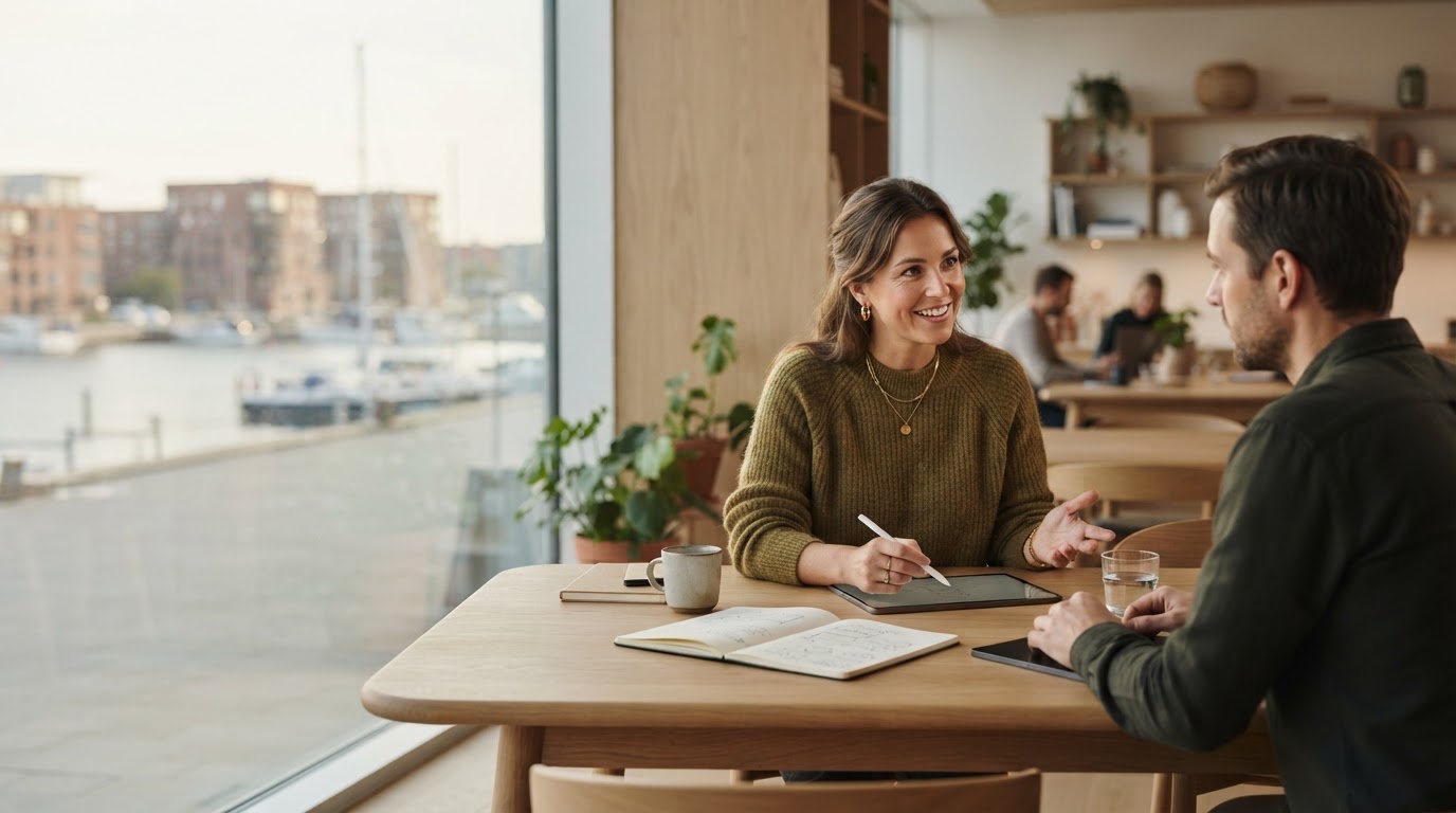 Vækstedømme — studerende arbejder med datamodeller på en bærbar computer i et lyst café-miljø